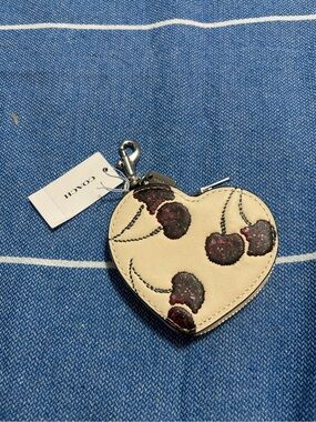 Coach Cream Heart Coin Pouch with Red Glitter Cherry Detail